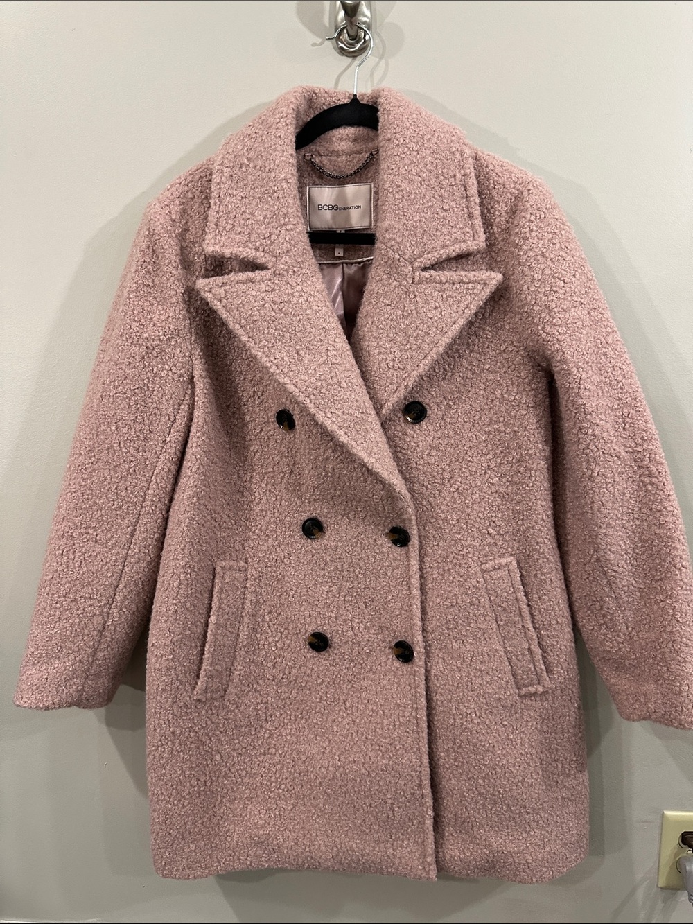 BCBGeneration Dusty Rose Teddy Double-Breasted Pea Coat, Size M